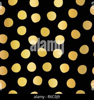 Polka dots gold foil on black seamless vector background. Golden hand drawn circles repeating pattern. Elegant backdrop. Use for invitation Stock Vector