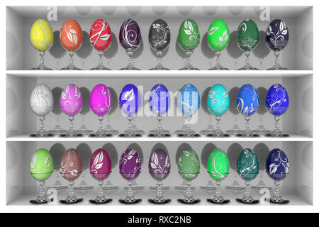 3D illustration. Series colored Easter eggs with various shades on shelf. Stock Photo