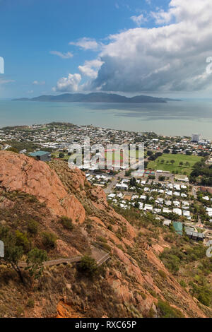 View from Castle Hill lookout across Townsville towards Magnetic Island a popular destination in far North Queensland.