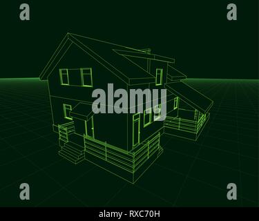 Wireframe of the cottage of green lines on a dark background. 3D. Vector illustration Stock Vector