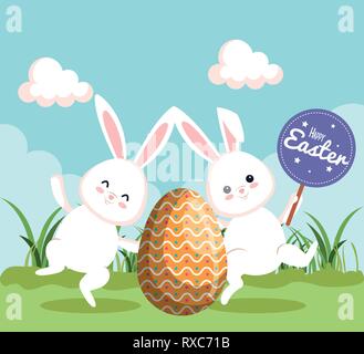 easter rabbits dancing with egg and notice Stock Vector