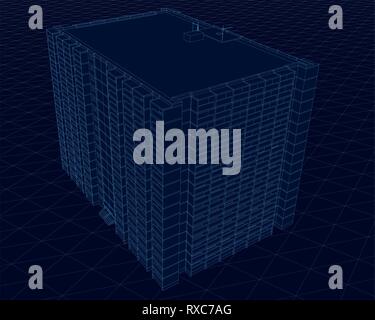 Wireframe multi-storey building of blue lines on a dark background. 3D. Vector illustration Stock Vector