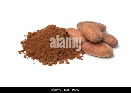 Heap of whole cocoa beans and cocoa powder isolated on white background Stock Photo