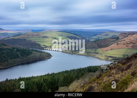 Ladybower reservoir from Bamford edge on a moody day with beams of light hitting the hills Stock Photo