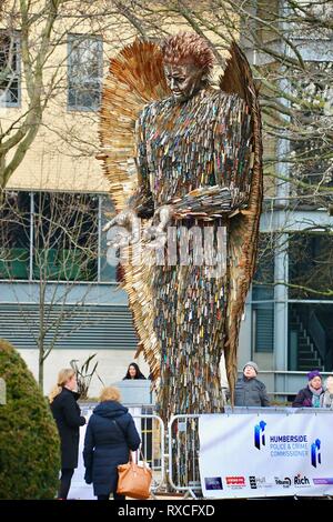 Sculptor Alfie Bradley's Knife Angel on display in Queens Gardens, Hull. The 27ft sculpture made from 100,000 knives was made at the British Ironworks Centre in Shropshire.  Featuring: Atmosphere Where: Hull, United Kingdom When: 06 Feb 2019 Credit: WENN.com Stock Photo