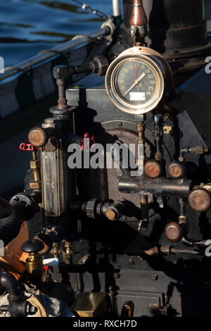 Close up of an old steam engine on a fishing boat at Lakeside, Tenmile Lake, Coos County, Oregon, America Stock Photo