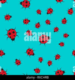 Ladybugs seamless pattern in cartoon style. On color background, vector illustration. Stock Vector