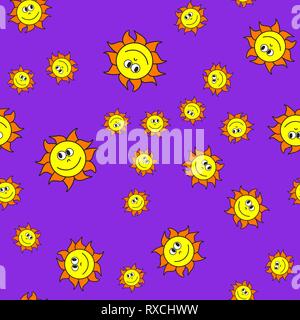 Seamless pattern of suns in cartoon style. On color background, vector illustration. Stock Vector
