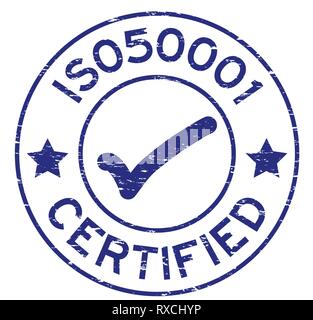 Grunge blue ISO 50001 with mark icon round rubber seal stamp on white background Stock Vector