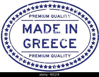 Grunge blue premium quality made in Greece oval rubber seal stamp on white background Stock Vector