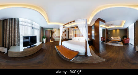 360 degree panoramic view of MINSK, BELARUS - AUGUST, 2017: Full spherical seamless 360 degree angle view panorama in equirectangular projection in interier loft vip with canopies