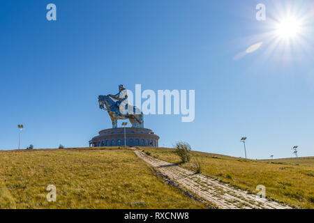 TSONJIN BOLDOG, MONGOLIA - September 14, 2018: The giant Genghis Khan Equestrian Statue is part of the Genghis Khan Statue Complex on the bank of the  Stock Photo