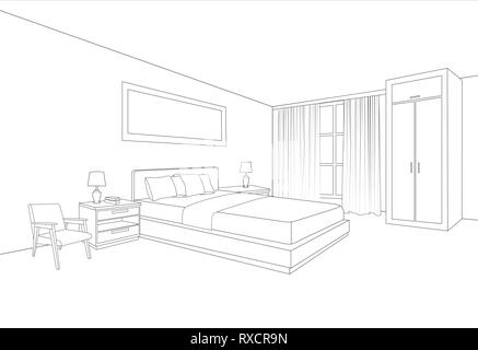 Bedroom Furniture Interior Room Line Sketch Drawing Home