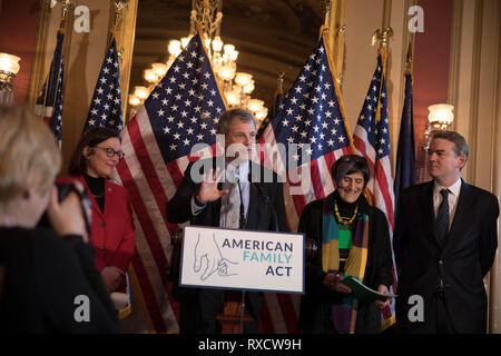 U.S. Senator Sherrod Brown of Ohio during a news conference unveiling the American Family Act on Capitol Hill March 6, 2019 in Washington, DC. The American Family Act of 2019 would dramatically expand the child tax credit including for the first time many poor families. Stock Photo