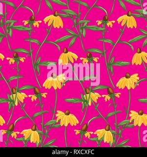 Colorful Hand Drawn Rudbeckia Flowers Line Drawing Seamless Pattern on Pink Background. Wallpaper Design Stock Vector