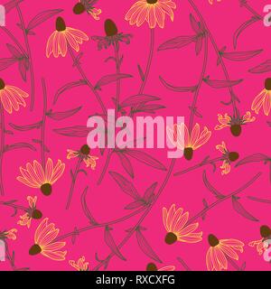 Line Drawing Colorful Rudbeckia Flowers Line Drawing Seamless Pattern on Pink Background Stock Vector