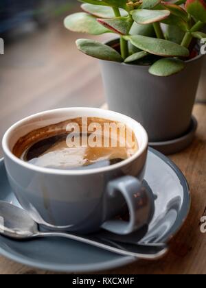 A large cup of fresh black coffee on a wooden bar in a coffee shop Stock Photo