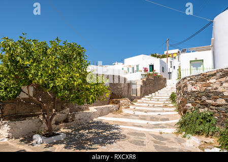 SIFNOS, GREECE - September 11, 2018: Alley with stairs in Apollonia, the capital of Sifnos. Cyclades, Greece Stock Photo
