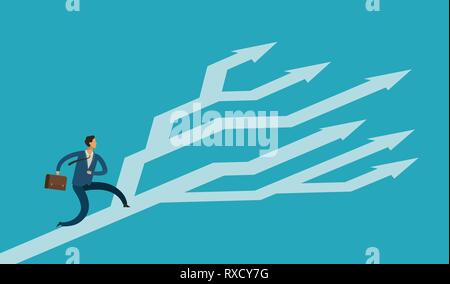 Businessman and arrows pointing to many directions. Business concept. Infographics vector illustration Stock Vector