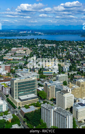 SEATTLE, WASHINGTON STATE - MAY 31st, 2018: Aerial view of Yesler Terrace, Squire Park, Atlantic district and the Harborview medical center in Seattle Stock Photo