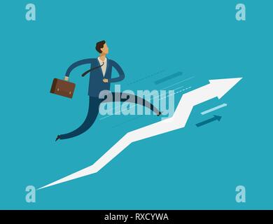 Businessman running up stairway. Success, career ladder concept. Business vector illustration Stock Vector