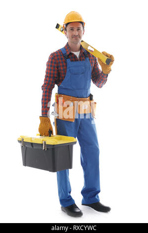 Young friendly manual worker with box of tools isolated on white background Stock Photo