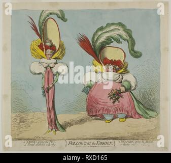 Following the Fashion. James Gillray (English, 1756-1815); published by Hannah Humphrey (English, c. 1745-1818). Date: 1794. Dimensions: 305 × 340 mm (image); 325 × 370 mm (plate); 350 × 385 mm (sheet). Hand-colored etching on paper. Origin: England. Museum: The Chicago Art Institute. Stock Photo