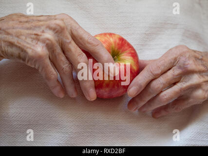 Elderly woman holding a ripe apple in her wrinkled hands against an off white background photographed from above. Stock Photo