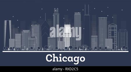 Outline Chicago Illinois City Skyline with White Buildings. Vector Illustration. Business Travel and Tourism Concept with Historic Architecture. Stock Vector