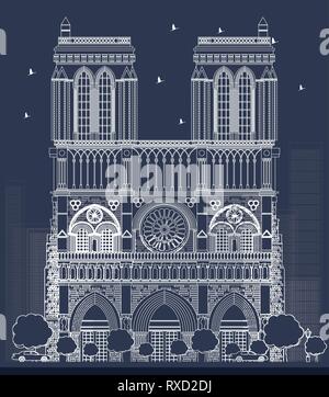 Outline Notre Dame Cathedral in Paris. Vector Illustration. Stock Vector