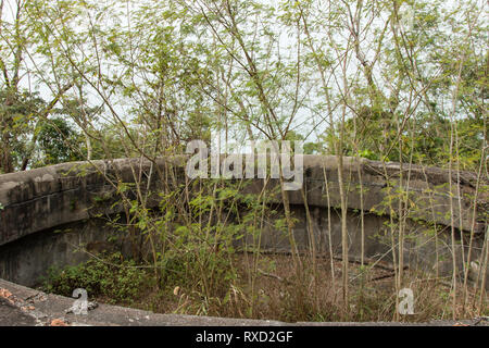 Overgrown ruins of military buildings at the abandoned Fort Davis in Hong Kong, an artillery battery that played a role in the Battle of Hong Kong Stock Photo