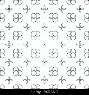 Abstract seamless pattern. Regularly repeating geometric ornament of four intersecting circles and four petals. Linear style. Vector background. Stock Vector