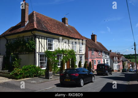 Historic Tudor half-timbered buildings in Lavenham, Suffolk, UK. Sunny day. Stock Photo