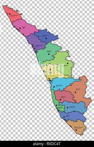 Kerala map with districts highlighted Stock Vector