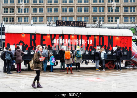 Berlin, Germany. 8th Mar 2019.  Exhibition celebrating 100 years of Revolution 1918-1919 using placards, information towers and a mobile furniture van to document historical events. During the November revolution furniture vans were used as barricades and a historic furniture van is a central element of this winter exhibition theme that documents the event. November 2018 marked the 100th anniversary of the end of the First World War and the November Revolution. Credit: Eden Breitz/Alamy Live News Stock Photo