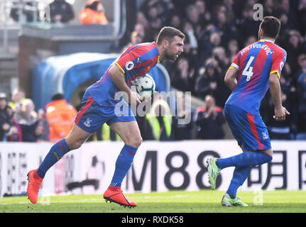 London, UK. 9th Mar, 2019.James McArthur of Palace celebrates after Luka Milivojevic of Palace scored a goal during the 2018/19 Premier League game between Crystal Palace FC and Brighton & Hove Albion at Selhurst Park. Credit: Cosmin Iftode/Alamy Live News Editorial use only, licence required for commercial use. No use in Betting, games or a single club/league/player publication. Credit: Cosmin Iftode/Alamy Live News Stock Photo