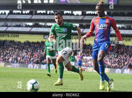 London, UK. 9th Mar, 2019.Martin Montoya of Brighton and Wilfried Zaha of Palace pictured during the 2018/19 Premier League game between Crystal Palace FC and Brighton & Hove Albion at Selhurst Park. Credit: Cosmin Iftode/Alamy Live News Editorial use only, licence required for commercial use. No use in Betting, games or a single club/league/player publication. Credit: Cosmin Iftode/Alamy Live News Stock Photo