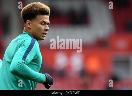 Southampton, UK. 09th Mar, 2019. Dele Alli of Tottenham Hotspur warms up on his return to 1st team action - Southampton v Tottenham Hotspur, Premier League, St Mary's Stadium, Southampton - 9th March 2019 Editorial Use Only - DataCo restrictions apply Credit: MatchDay Images Limited/Alamy Live News Stock Photo