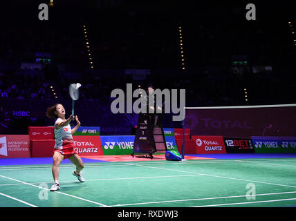 Arena Birmingham, Birmingham, UK. 9th Mar, 2019. Yonex All England Open Badminton Championships, day 4; womens singles match, CHEN Yufei of China versus Nozomi OKUHARA of Japan, Nozomi OKUHARA of Japan plays from the back of the court Credit: Action Plus Sports/Alamy Live News Stock Photo