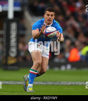 London, UK. 09th Mar, 2019. Tommaso Allan of Italy catches the ball during the Guinness Six Nations match between England and Italy at Twickenham Stadium Credit: European Sports Photographic Agency/Alamy Live News Stock Photo
