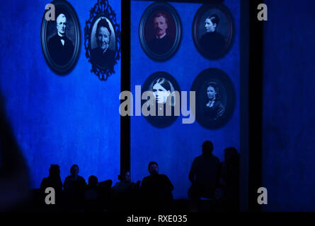Malaga, Spain. . 9th Mar, 2019. Visitors seen contemplating at images during the opening of the exhibition.Van Gogh Alive is a multimedia experience that's more visited in the world, it troughs a sensorial ambient and large audiovisual structures that show the images of the famous paints of the artist, Vincent Van Gogh. Credit: Jesus Merida/SOPA Images/ZUMA Wire/Alamy Live News Stock Photo