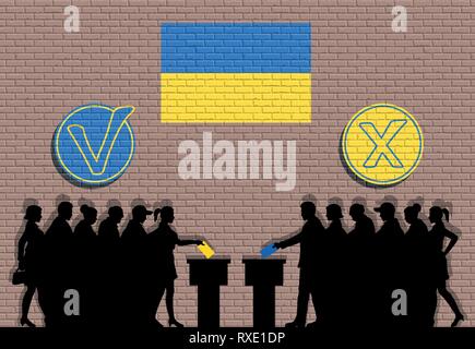 Ukrainian voters crowd silhouette in election with check marks and Ukraine flag graffiti. All the silhouette objects, icons and background are in diff Stock Vector