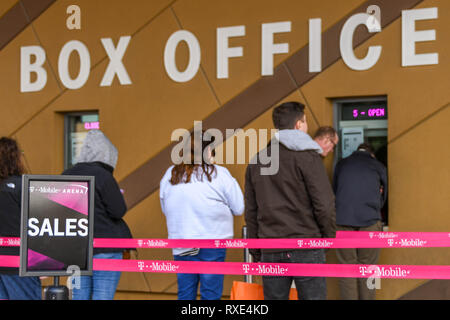 LAS VEGAS, NV, USA - FEBRUARY 2019: Sign for 'sales' in front of people queuing at the box office of the T Mobile indoor arena in Las Vegas. Stock Photo