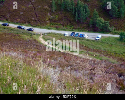 Cars Parked in Glack Harnes for the Path up the Scottish Mountain Corbett Ben Rinnes, Cairngorm National Park, Scotland, UK. Stock Photo
