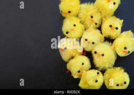 Easter cake decorations yellow fluffy baby chicks ready for easter against a dark background. Stock Photo