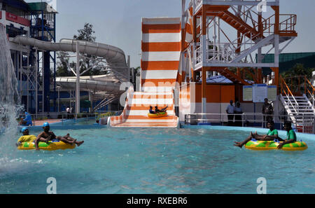 Newly slide titled Crusader launches at water park of Nicco Park. (Photo by Saikat Paul/Pacific Press) Stock Photo