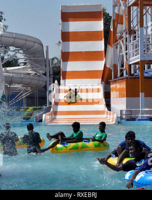 Newly slide titled Crusader launches at water park of Nicco Park. (Photo by Saikat Paul/Pacific Press) Stock Photo