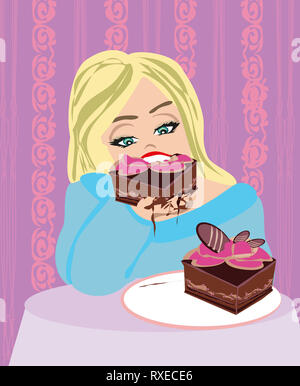 hungry gluttonous woman eating pie Stock Photo