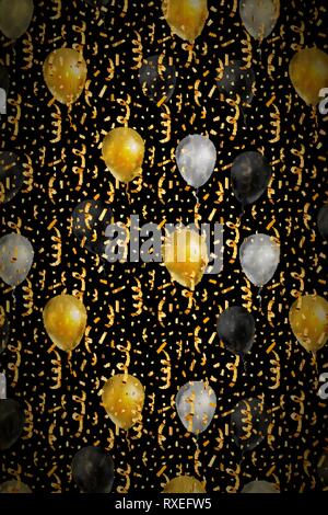 Luxury vertical background with bright golden serpentine, confetti and balloons on black Stock Vector
