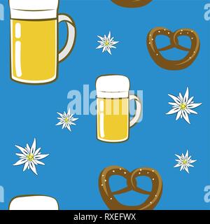 seamless pattern beer pretzel and edelweiss flower on blue background vector illustration EPS10 Stock Vector